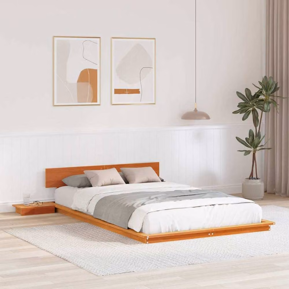 Berkfield Home Wax Brown Solid Wood Floor Bed Frame with Bedside Shelves, W/D/H: 120 x 200 cm – 1