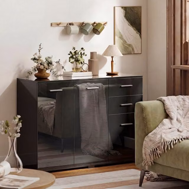 HOMCOM Modern Glossy Sideboard Kitchen Storage Cabinet with 2 Drawers in Black and White