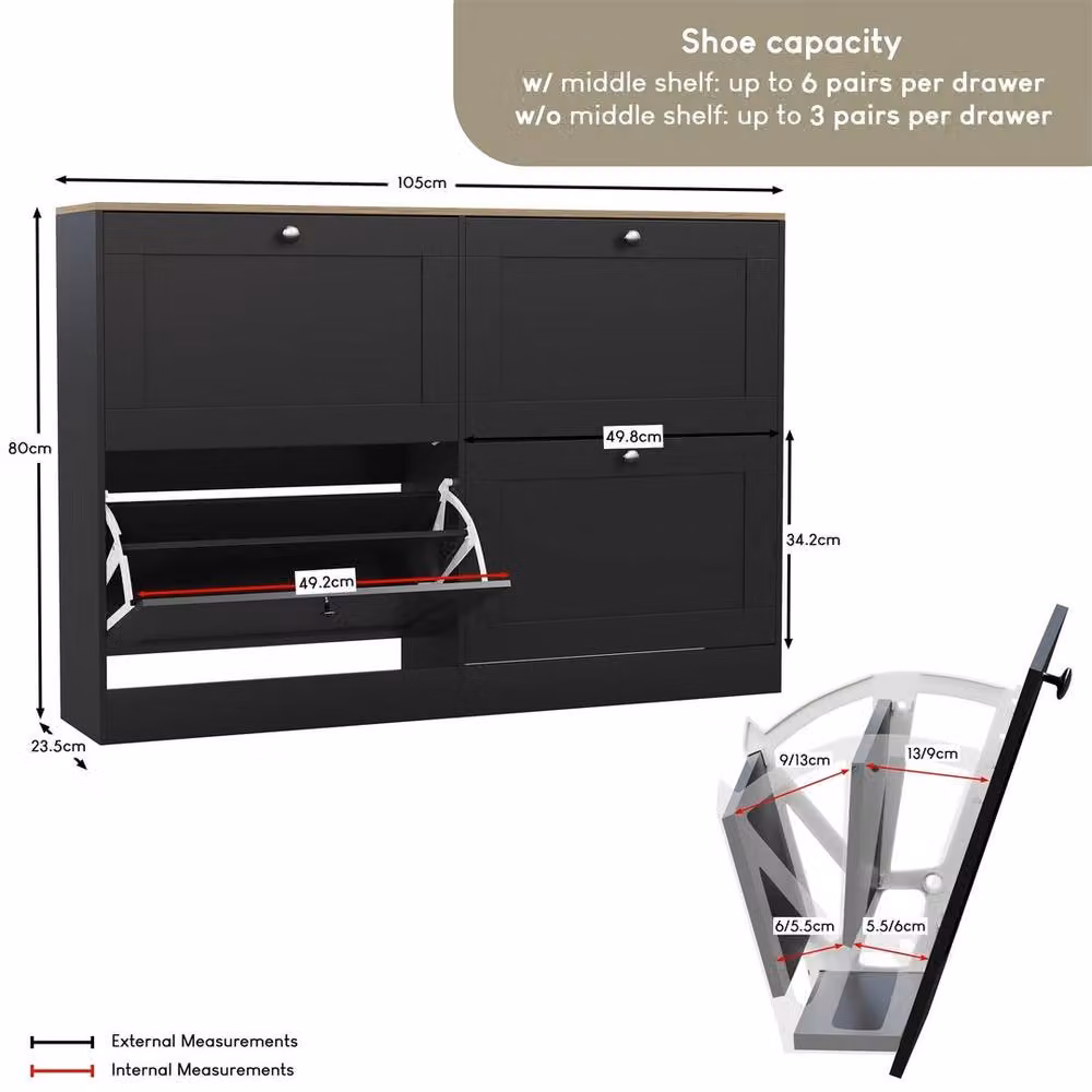 Kelvenix Modern 4 Drawer Black Matt Shoe Cabinet with Tilting Compartments – 2