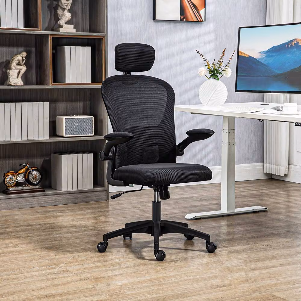 ERGOVEXA Ergonomic Multi-Adjustable Office Chair in Black Fabric with Headrest and Swivel Function – 3