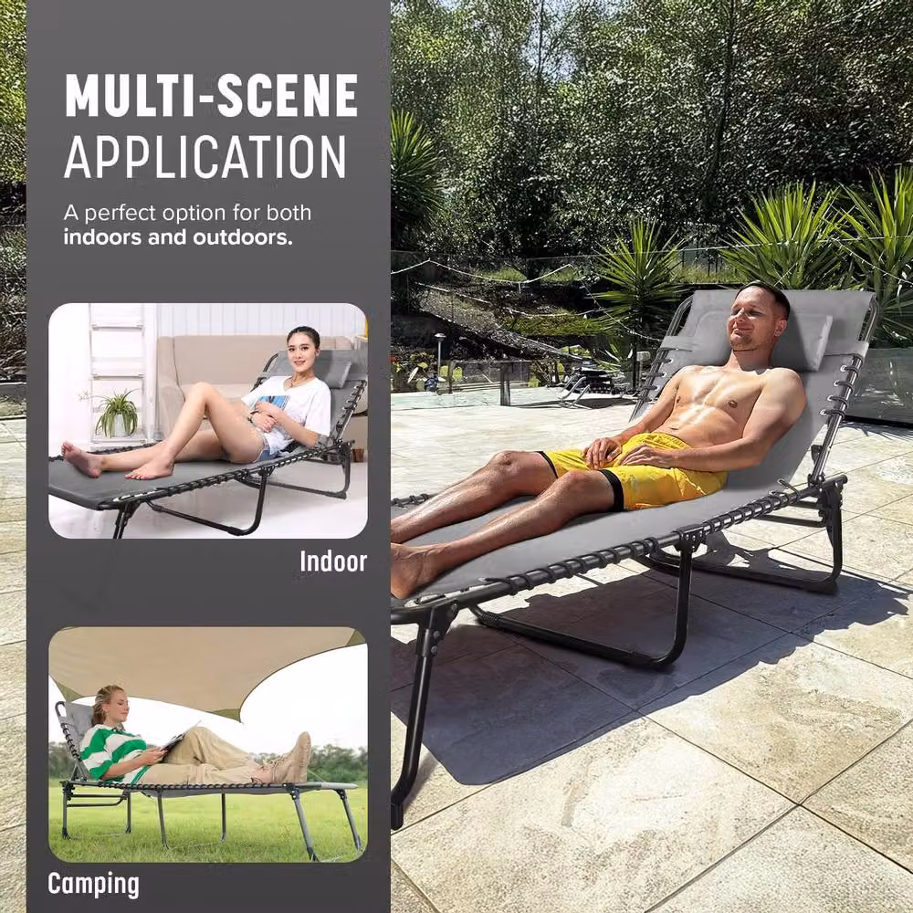 Keplin Foldable Recliner Sun Lounger in Grey with Adjustable Headrest and Leg Rests, W/D/H: 190 x 65 x 30 cm – 7