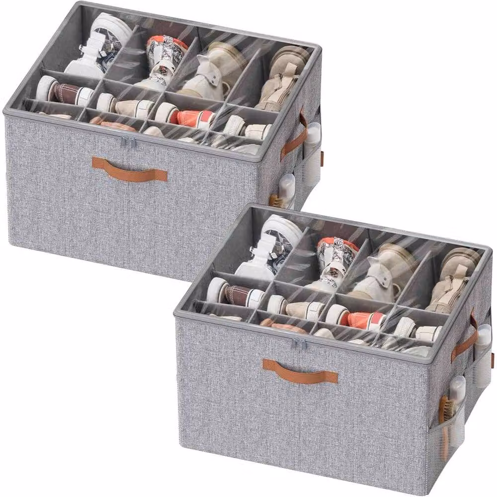 The Bazaarist Set of 2 Fabric Shoe Storage Boxes with Transparent Lids and Handles, Grey – 2