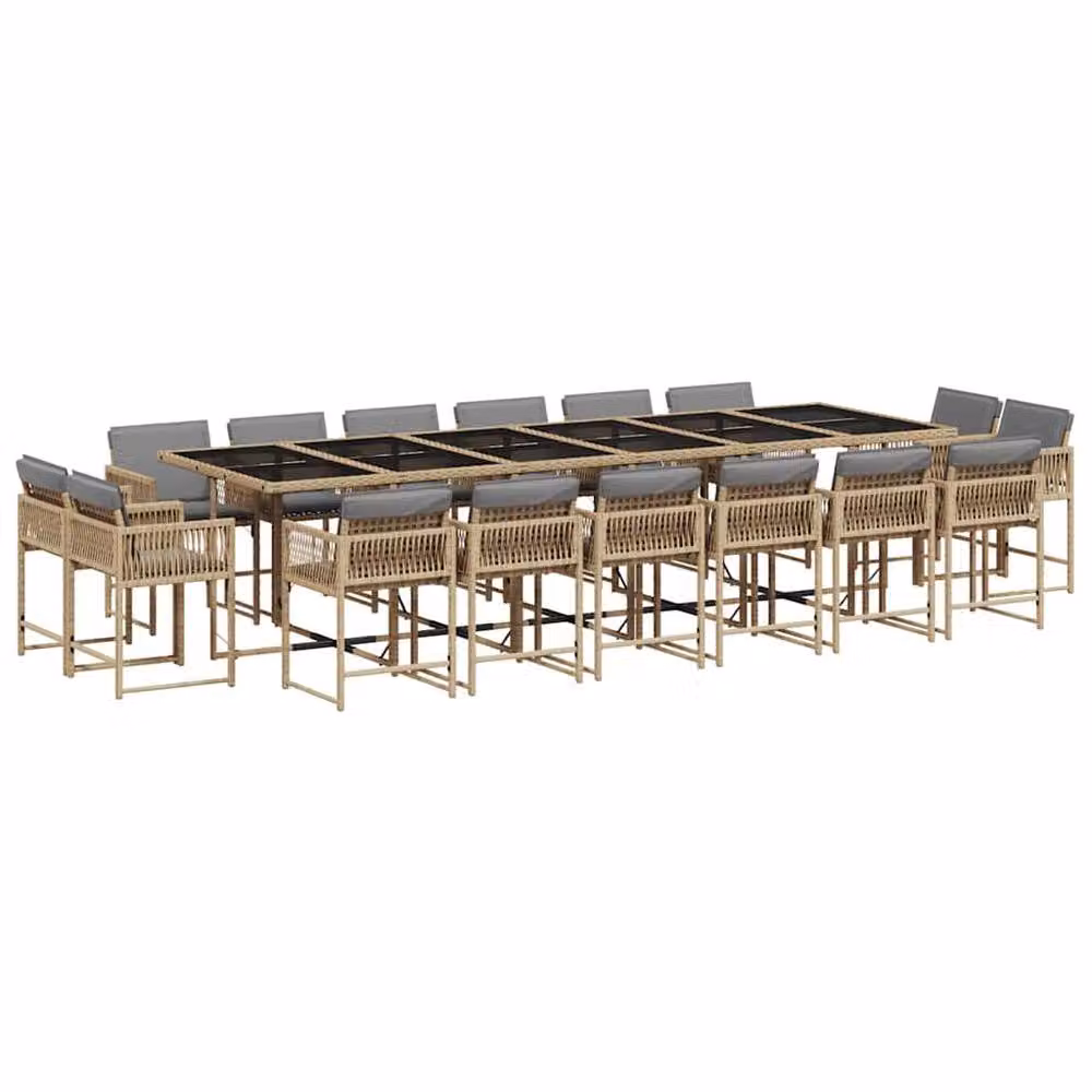 Berkfield Home 17 Piece Modern Poly Rattan Garden Dining Set with Cushions and Glass Top in Beige – 2