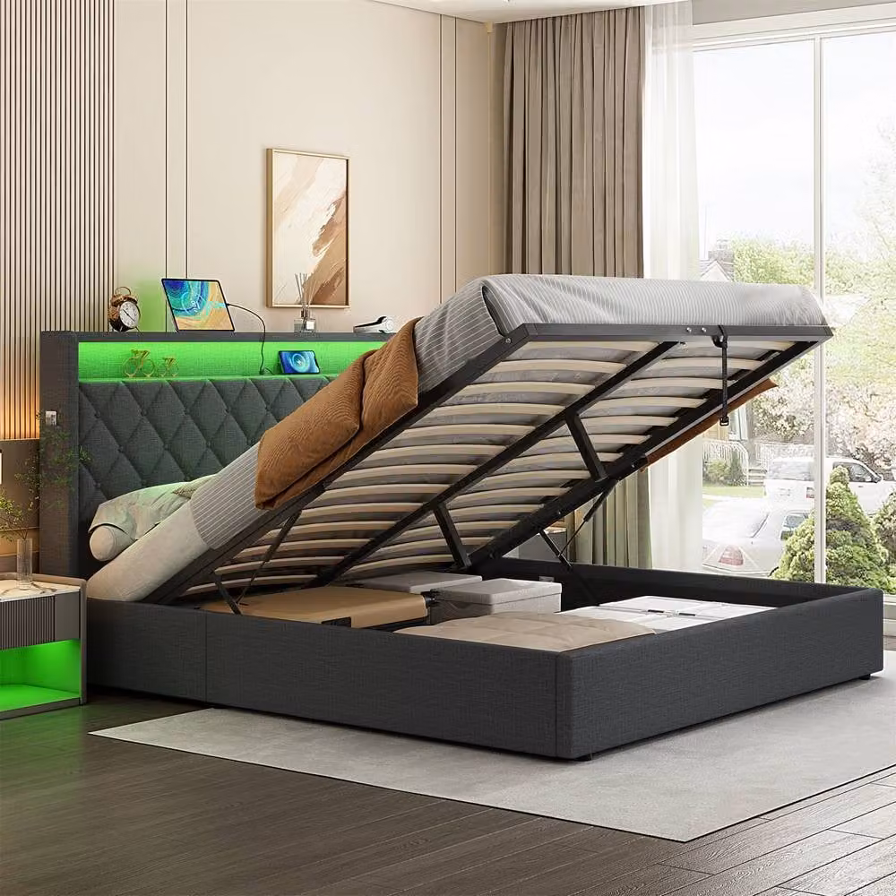 Merax Grey Linen Ottoman Bed with LED Under-Bed Lighting, USB Charging Port and Bedside Shelf, W/D/H: 140 x 200 cm – 3