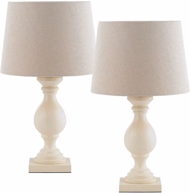 Loops 2 Pack Classic Wooden Table Lamps in White with Beige Fabric Shades – 1