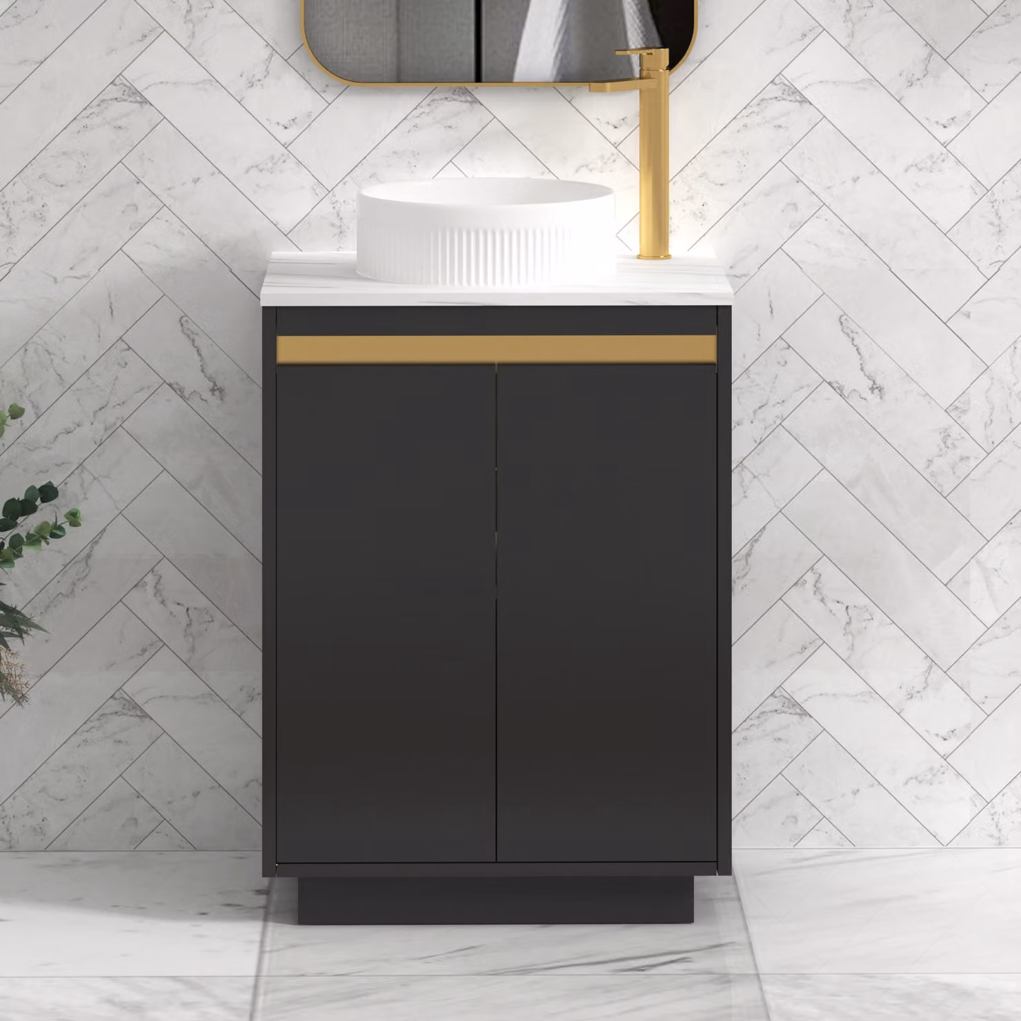 Royal Bathrooms Orion 600mm Matt Obsidian Black Floor Standing 2 Door Vanity Unit with Round Basin and Brushed Brass Accent Trim
