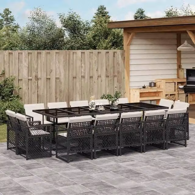 Berkfield Home 15 Piece Black Poly Rattan Garden Dining Set with Cushions