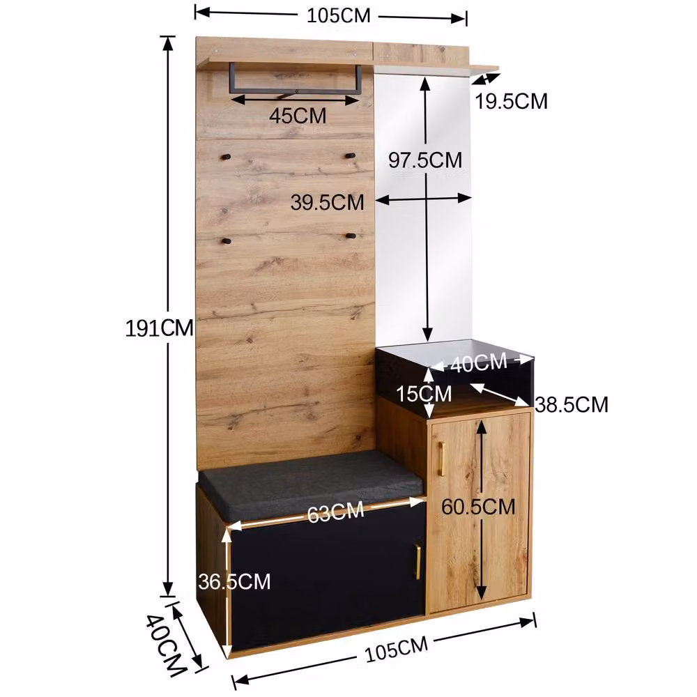 BTM Modern Hallway Wardrobe Set in Black with Mirror, Shoe Cabinet and Bench Seat – 3
