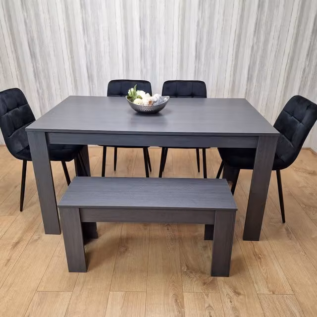 Kosy Koala Modern Rectangular Dining Set with Dark Grey Table, 4 Black Velvet Tufted Chairs and 1 Bench