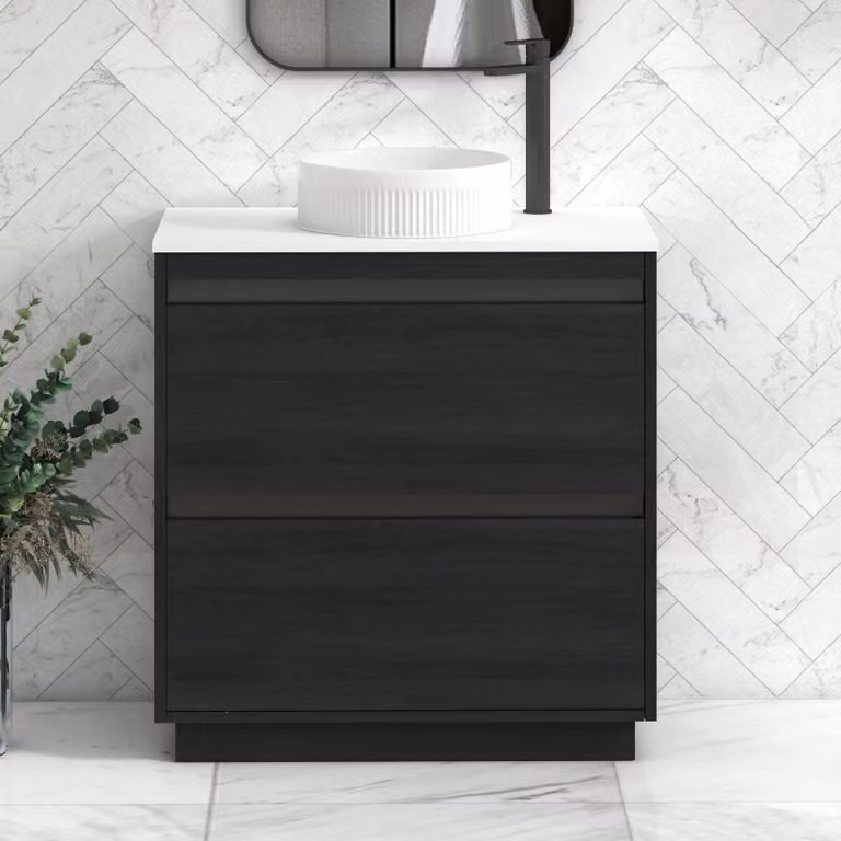 Royal Bathrooms Orion 800mm Hale White Countertop Vanity Unit with 2 Drawers, Round Basin and Black Accent Trim