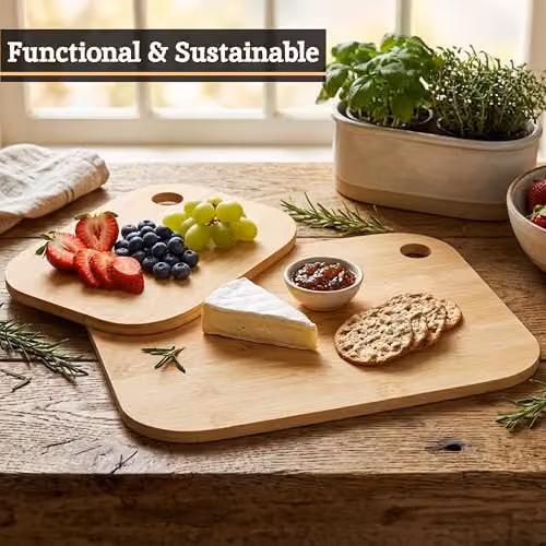 Premier Housewares Set of 2 Natural Brown Bamboo Rectangular Cutting and Serving Boards with Handles – 5