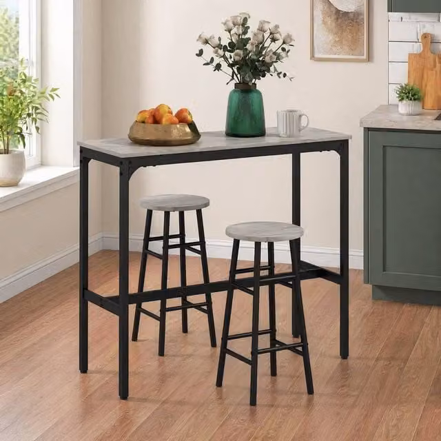 STILVORA Industrial Bar Table Set with 2 Stools in Grey and Black – 1