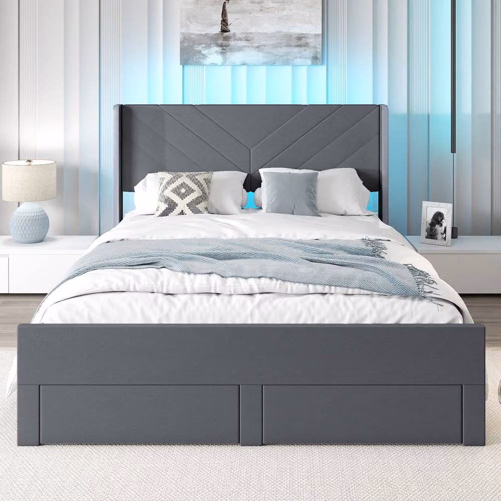 Costway King Size Upholstered Platform Bed Frame with LED Under-Bed Lighting and Drawers, Grey Velvet, 180 x 200 cm – 3