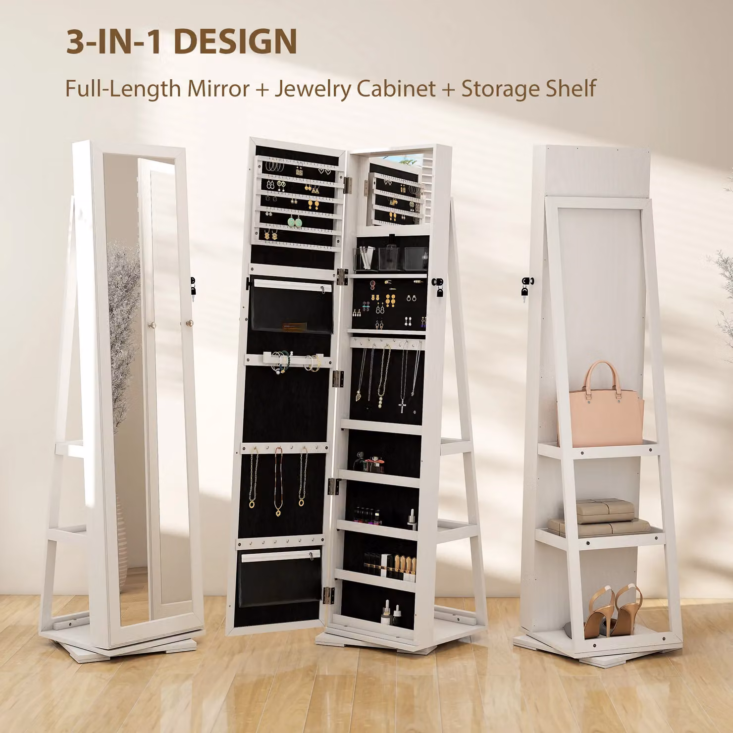 HOMCOM Lockable Jewellery Cabinet with Full Length Mirror and Magnifying Insert in White – 4