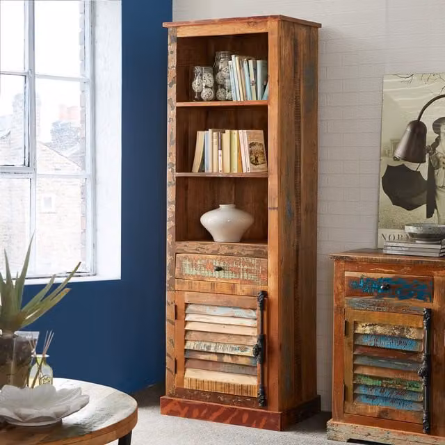 IH Design Modern Multicolour Reclaimed Boat Wood Narrow Bookcase