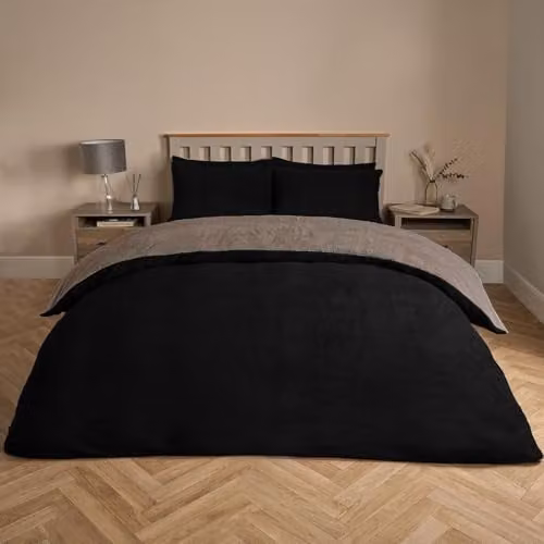 OHS Reversible Teddy Fleece Duvet Cover and Pillowcase Set, Black and Beige, W/D/H: 180 x 200 cm, Pillowcase: 50 x 75 cm – 1