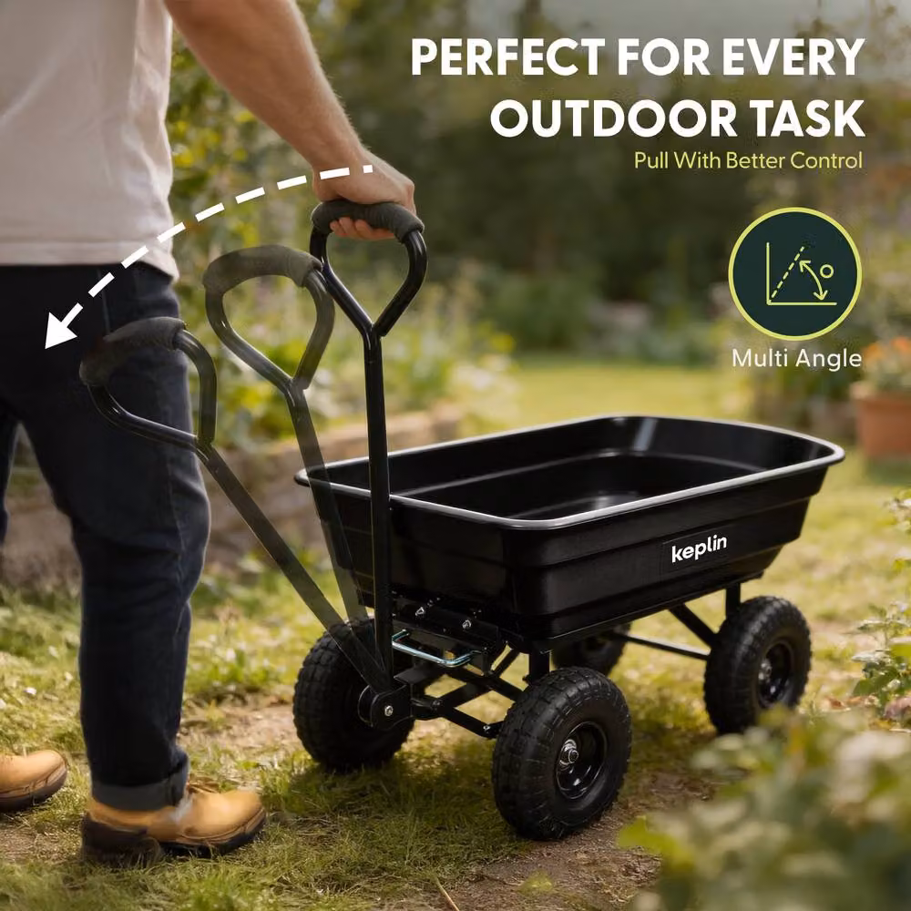 Keplin 75L Garden Cart with Pneumatic Tyres, 4 Wheel Trolley in Black – 5