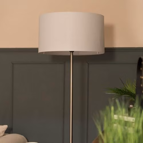 ValueLights Modern Floor Lamp with Chrome Finish, Marble Base and Large Grey Fabric Shade – 3