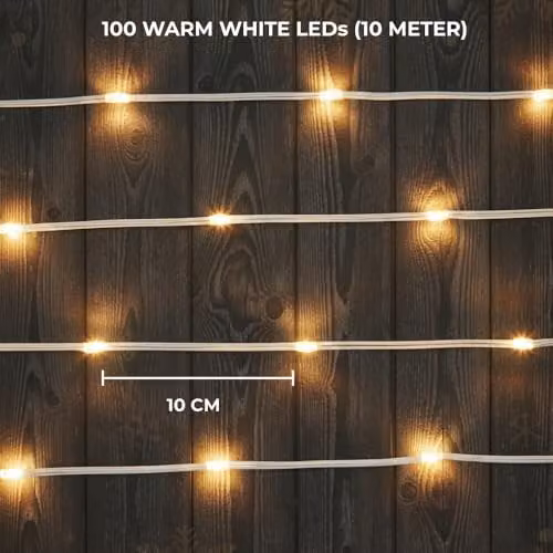 Shatchi Warm White LED Fairy String Lights with 100 LEDs and Timer, 10m Gold Leather-Thread Wire, IP44 Waterproof for Indoor and Outdoor Christmas, Party and Wedding Decor – 8