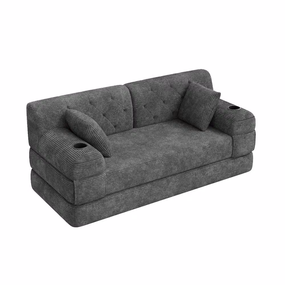 Rolipo Dark Grey 2-Seater Corduroy Sleeper Sofa with Cup Holders and Pockets – 5