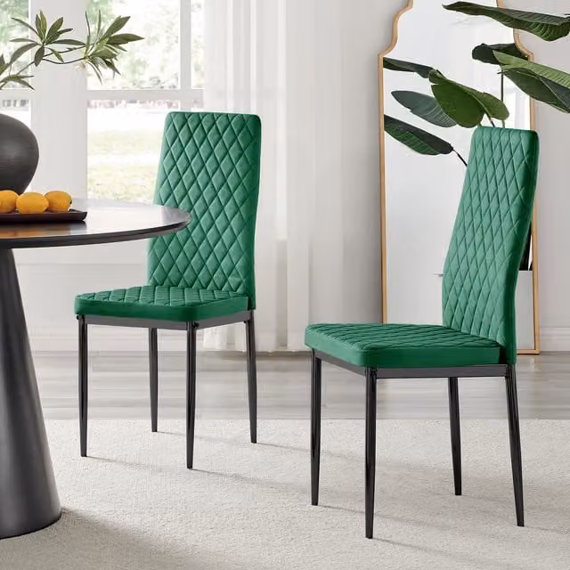 FurnitureboxUK Set of 4 Milan High Back Diamond Pattern Velvet Dining Chairs in Green with Black Metal Legs