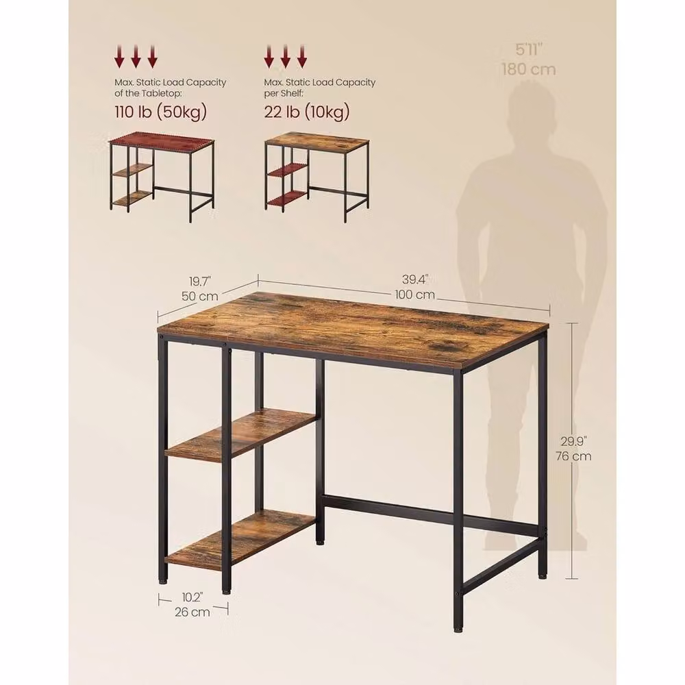 VOGREX Industrial Computer Desk in Brown and Black, W/D/H: 100 x 50 x 76 cm – 2