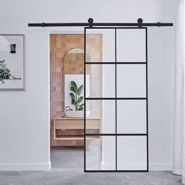 Livingandhome Black Industrial Sliding Barn Door with Clear Glass and Aluminium Frame and Hardware Kit