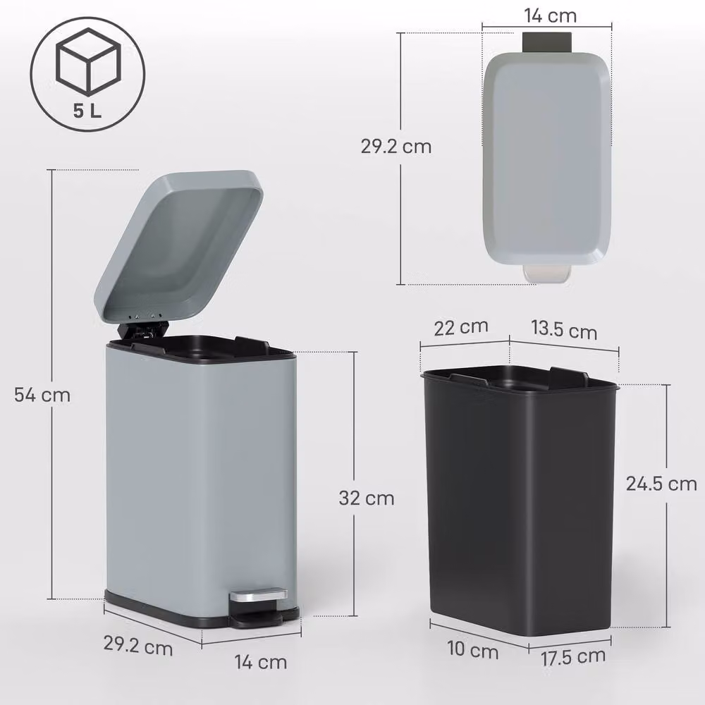 STILVORA 5L Grey Steel Pedal Bin with Soft-Close Lid and Removable Inner Bucket – 3