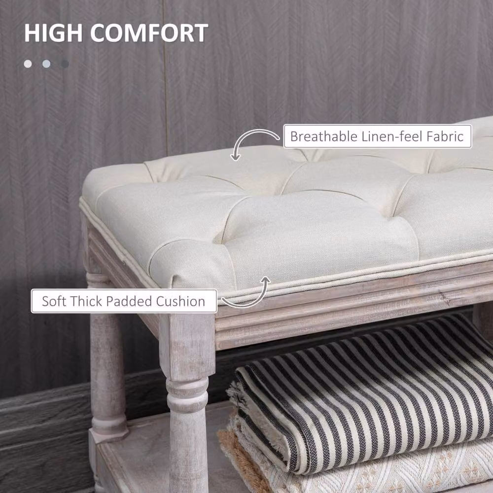 Wyld Haus Lono Cream Tufted 2 Tier Vintage Style Fabric and Wood Shoe Rack Storage Bench – 5