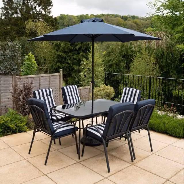 Primrose 6 Seater Rectangular Tempered Glass Dining Set with Crank Parasol in Navy Blue and Turquoise Striped Design
