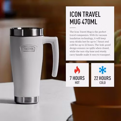 Thermos Icon Stainless Steel Travel Mug with Lid, White, 470ml – 2