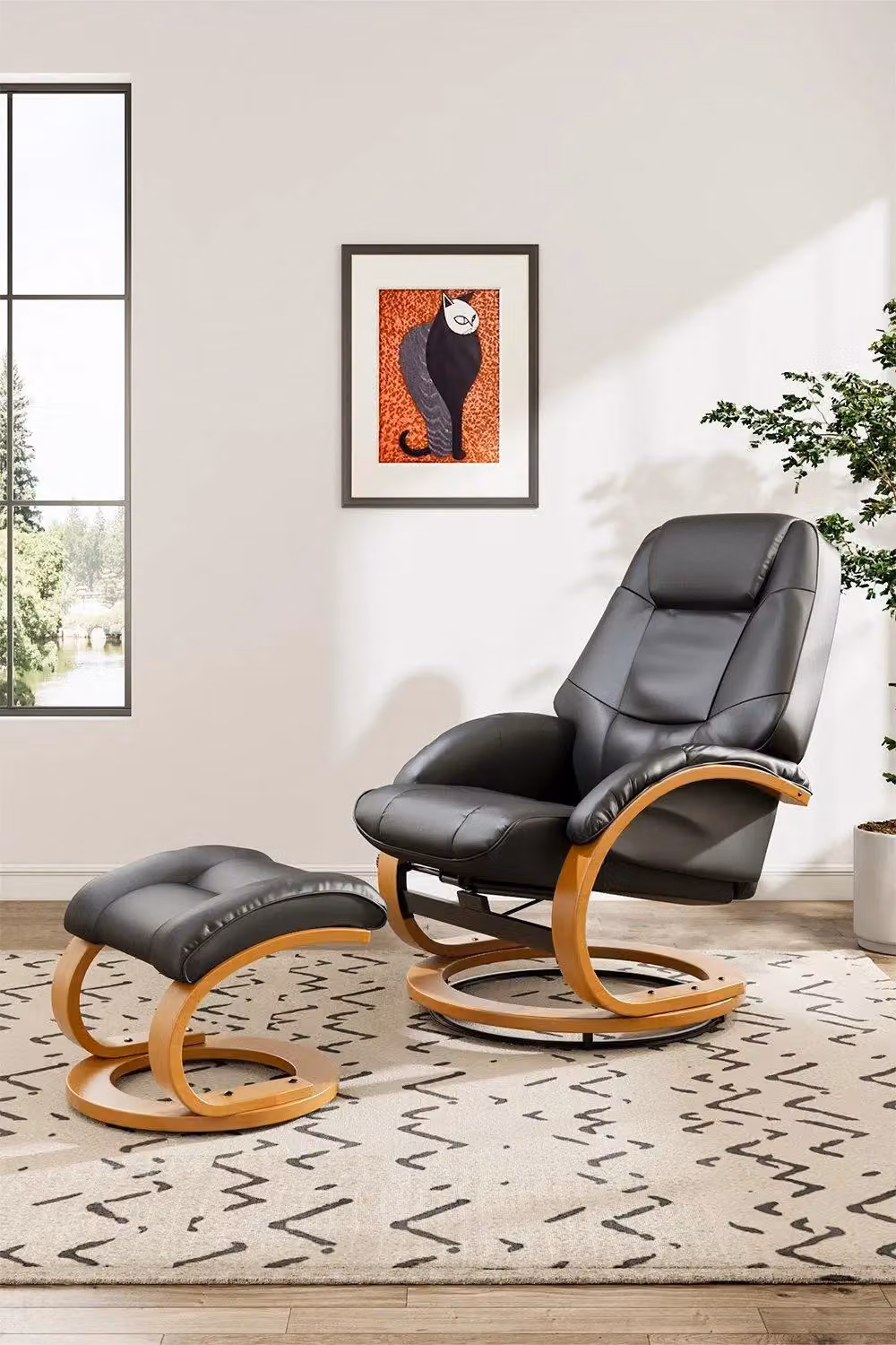 H&O Direct Modern Style Synthetic Leather Relax Recliner with Matching Footstool in Black – 2