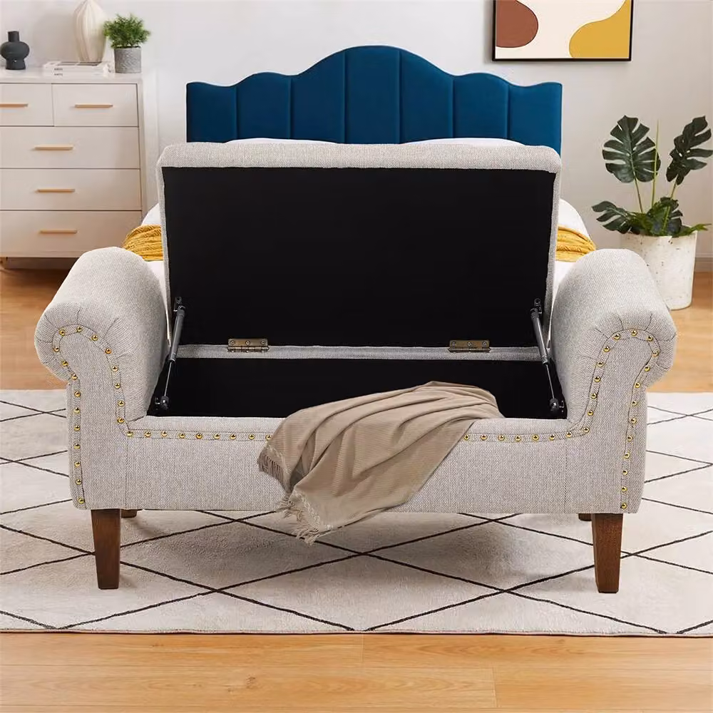 Living and Home Beige Linen Upholstered Storage Bench – 2