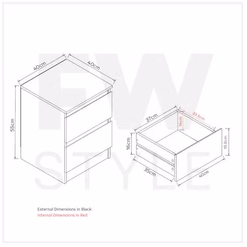 FWStyle Stora Grey Gloss 2 Drawer Bedside Table, W/D/H: 55 x 40 x 40 cm – 3