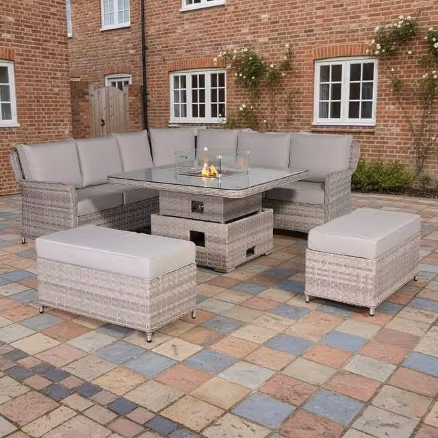Furnishings For Less UK Rattan Garden Corner Sofa Set with Rising Fire Pit Table and Bench in Grey