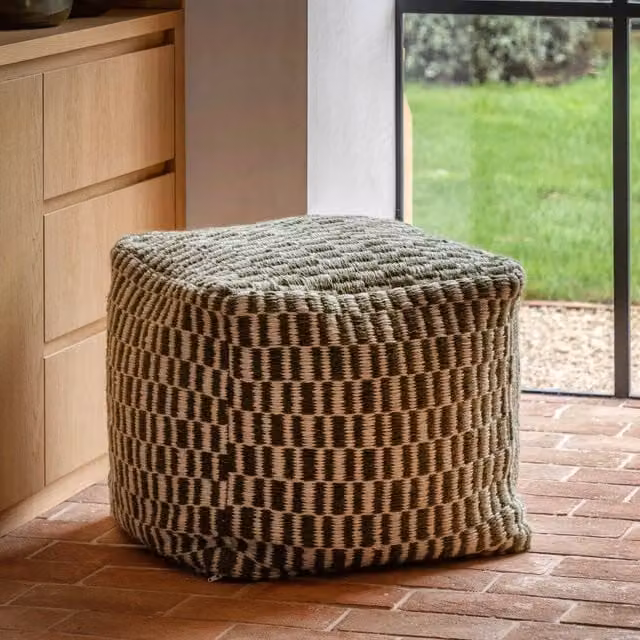 Rauma Knit Fabric Pouffe in Green and White, W/D/H: 50 x 50 x 45 cm