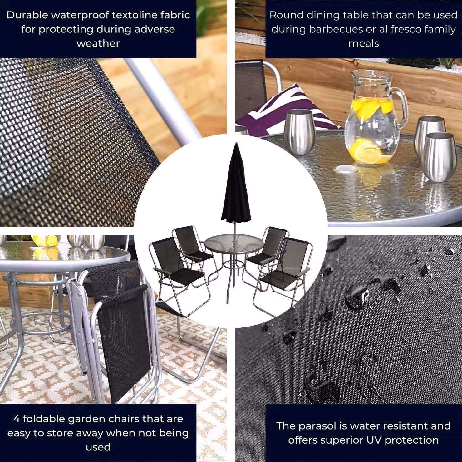 Samuel Alexander 4 Seater Garden Dining Set with Glass Table, Folding Chairs and Black Parasol in Black and Grey – 5