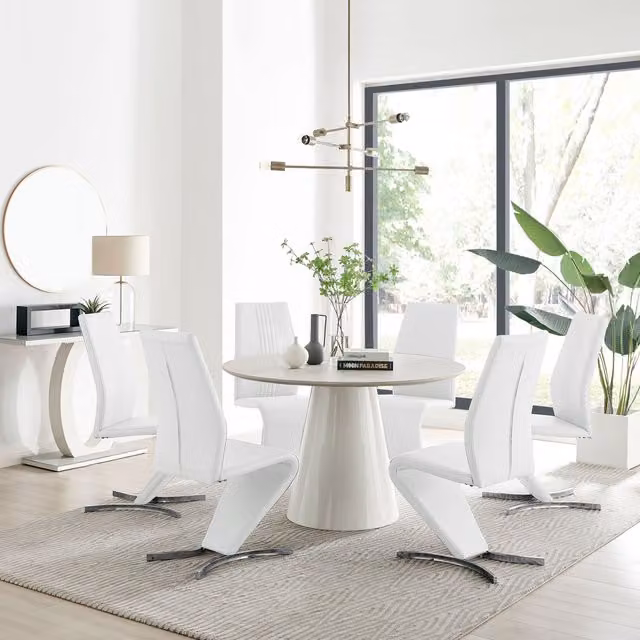 FurnitureboxUK Palma Beige Stone Effect Round Dining Table and 6 Willow Chairs in White