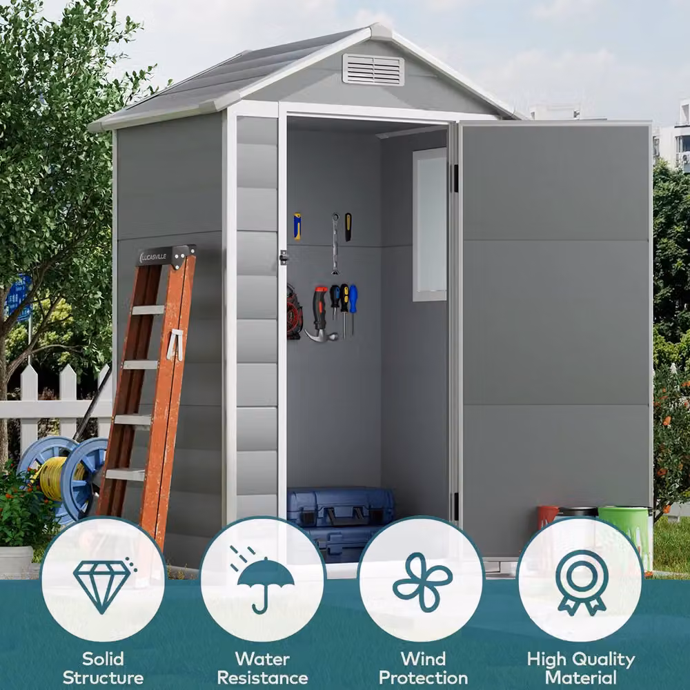 Living and Home Grey Plastic Garden Storage Shed with Apex Roof, Hinged Door and Windows, W/D/H: 121.92 x 91.44 x 202 cm – 3