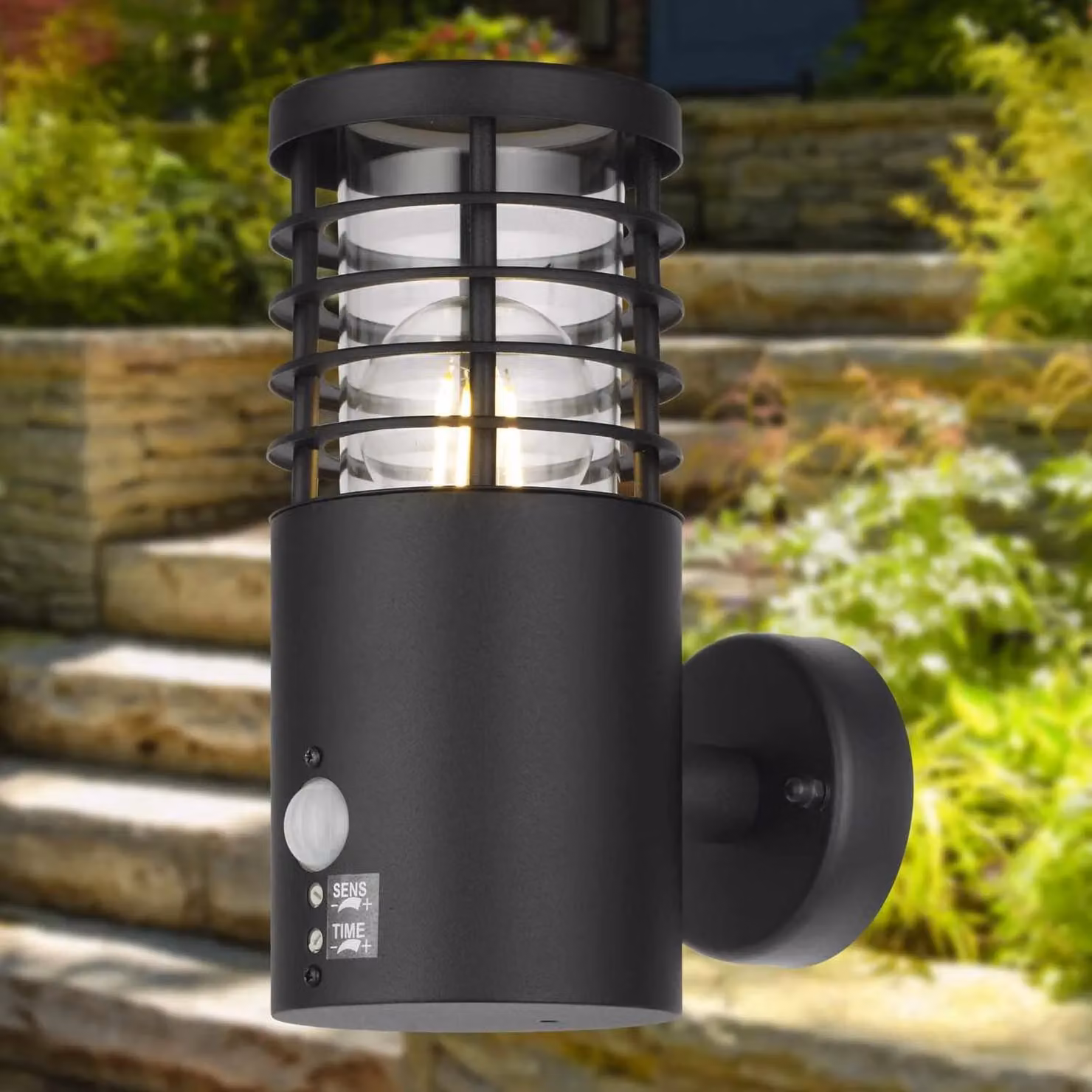 First Choice Lighting Bloom Set of 2 Black IP44 Outdoor Motion Sensor Wall Lights with Transparent Cover – 5