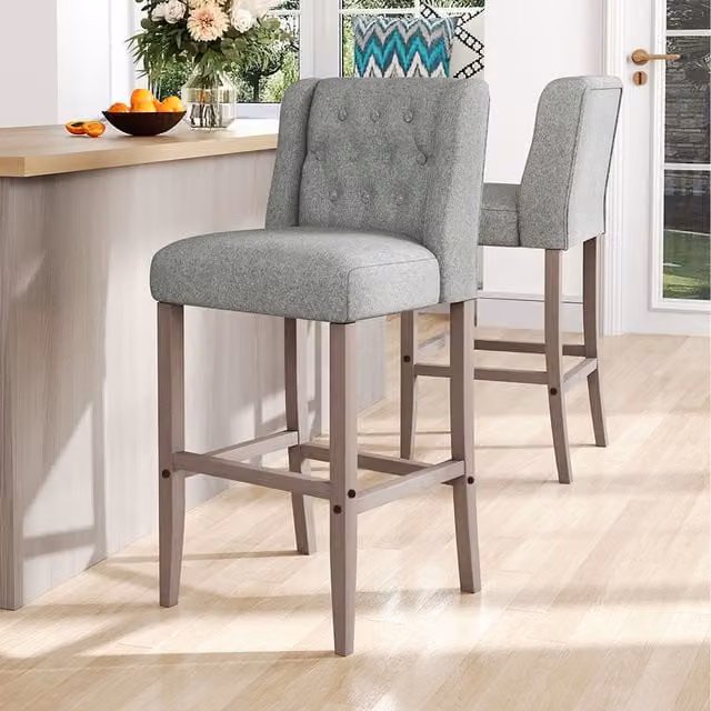 Livingandhome Set of 2 Grey Linen Tufted Bar Stools with Wooden Legs