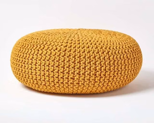 Homescapes Large Round Cotton Knitted Pouffe Footstool in Yellow