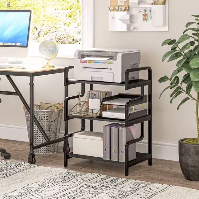 HOMCOM 3-Tier Industrial Metal Printer Stand and Storage Shelving Unit, Black, W/D/H: 55 x 40 x 77 cm