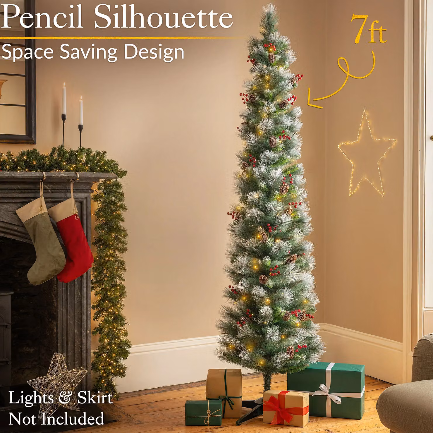 Christow Slim Artificial Pencil Christmas Tree with Snow, Cone and Berry Decorations in Green and Multicolour, Height: 152.4 cm – 2