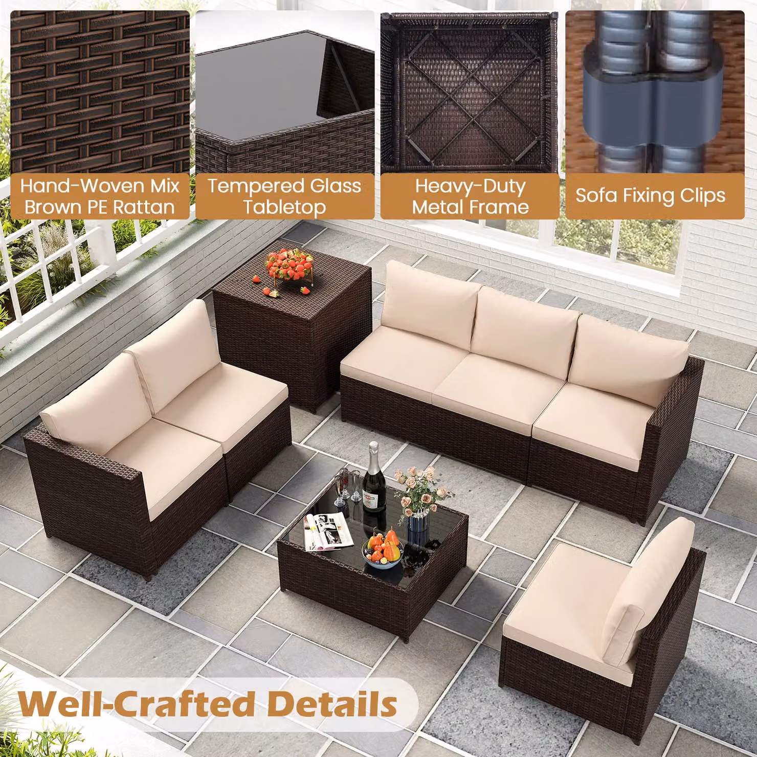 Gymax 8-Piece Brown and Beige Polyrattan L-Shape Sectional Sofa Set with Outdoor Coffee Table and Upholstered Cushions – 9
