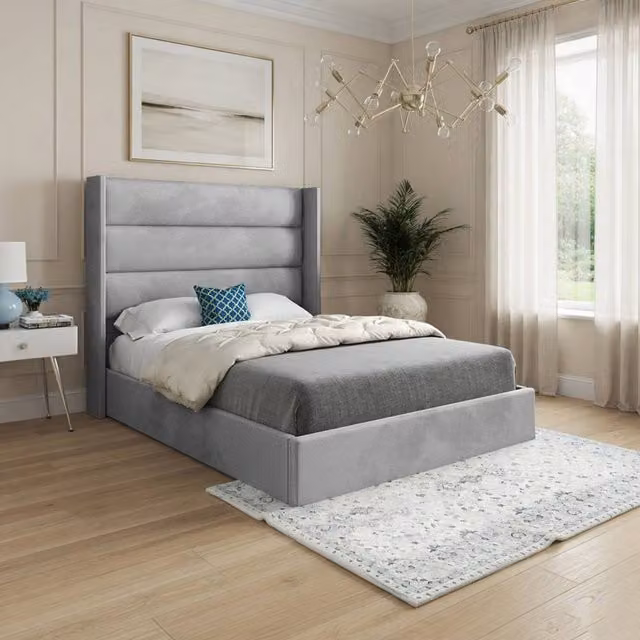 Casani Ranskill Upholstered Velvet Designer Bed Frame in Grey, W/D/H: 140 x 200 x 137 cm
