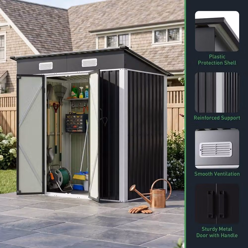 Kelvenix Black Metal Pent Roof Garden Shed with Single Door and Roof Vent, W/D/H: 182.88 x 121.92 x 181.0 cm – 5
