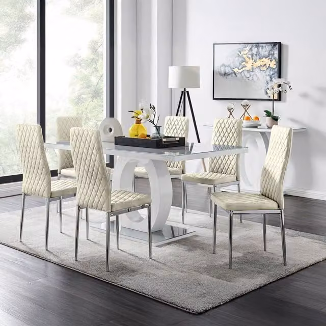 FurnitureboxUK Giovani Grey Dining Set with Rectangular Glass Table and 6 Cream Velvet Milan Chairs