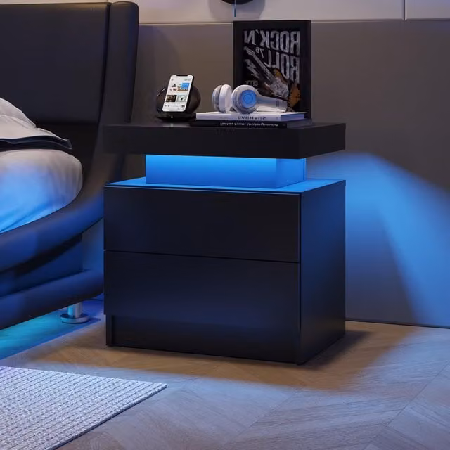 Aosom.UK Modern Black Space-Saving Nightstand with 2 Drawers and Adjustable Integrated LED Lights, W: 49 cm, D: 35 cm, H: 52 cm