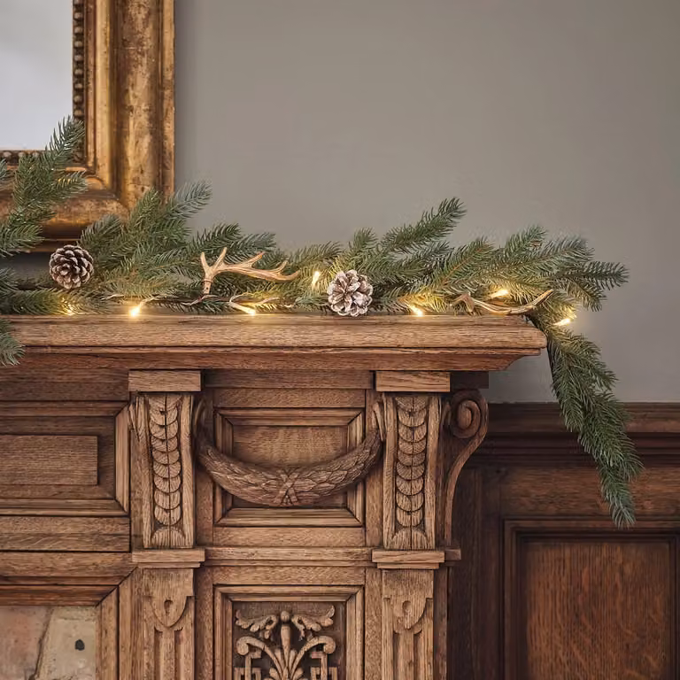 1.5m Pre Lit Antler and Pinecone Christmas Garland in Green